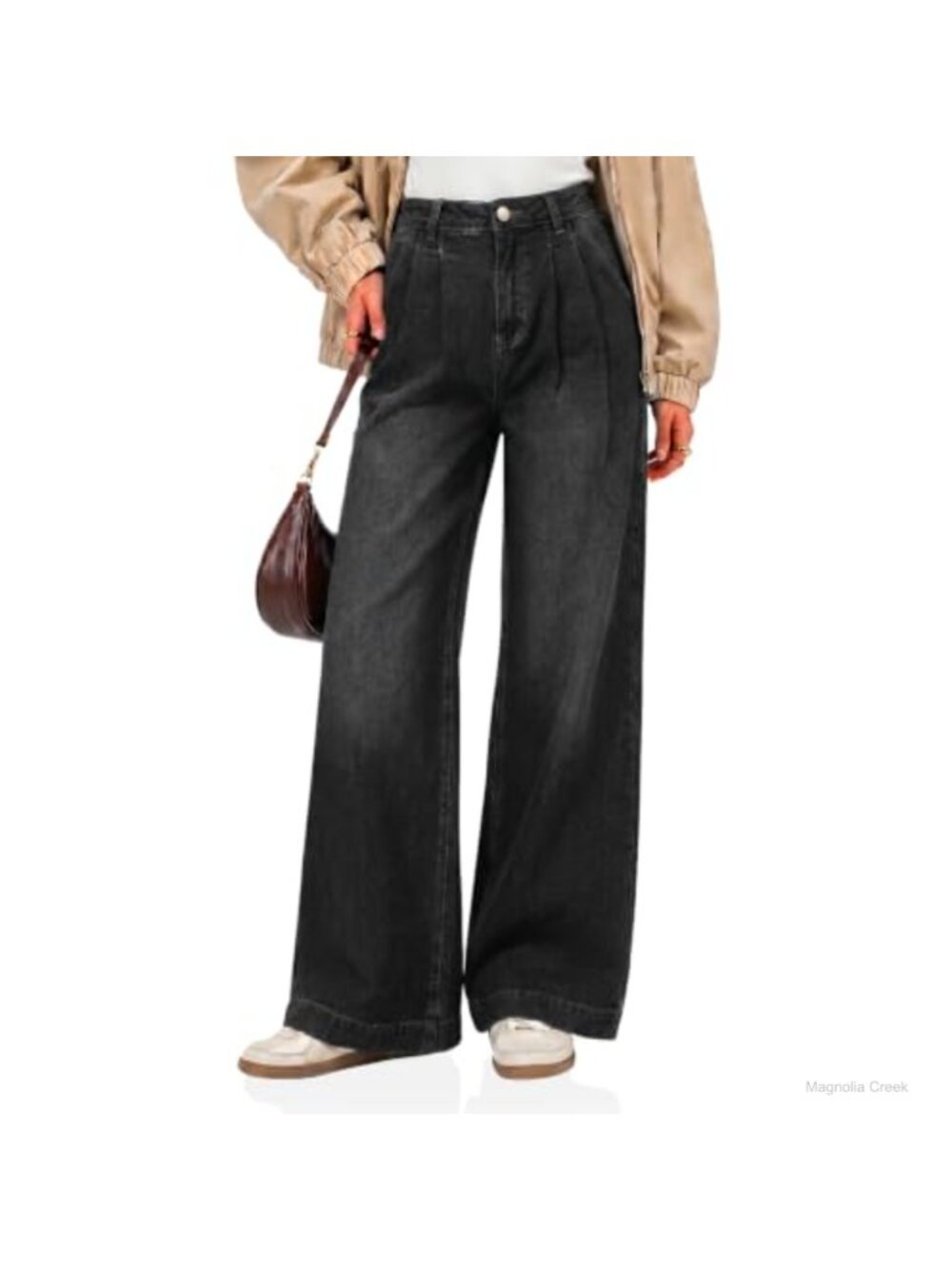 Cicy Bell Womens Wide Leg Pleated High Waisted Stretchy Denim Jeans